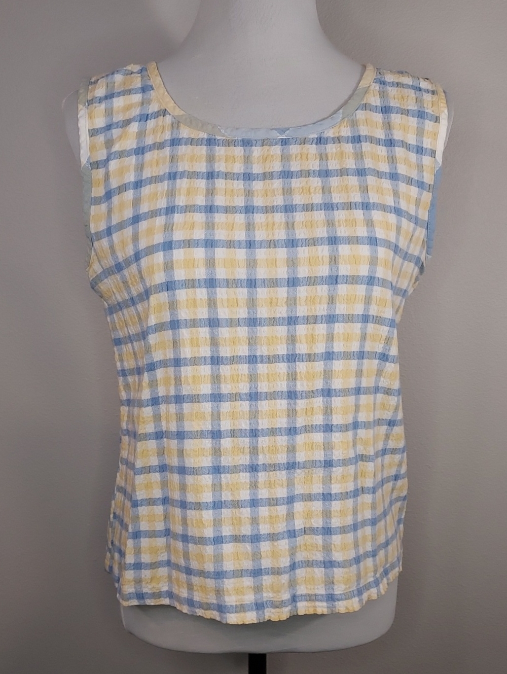 Cabin Creek Yellow Lt Blue Plaid Seersucker Cotton Sleeveless Tank Top Large